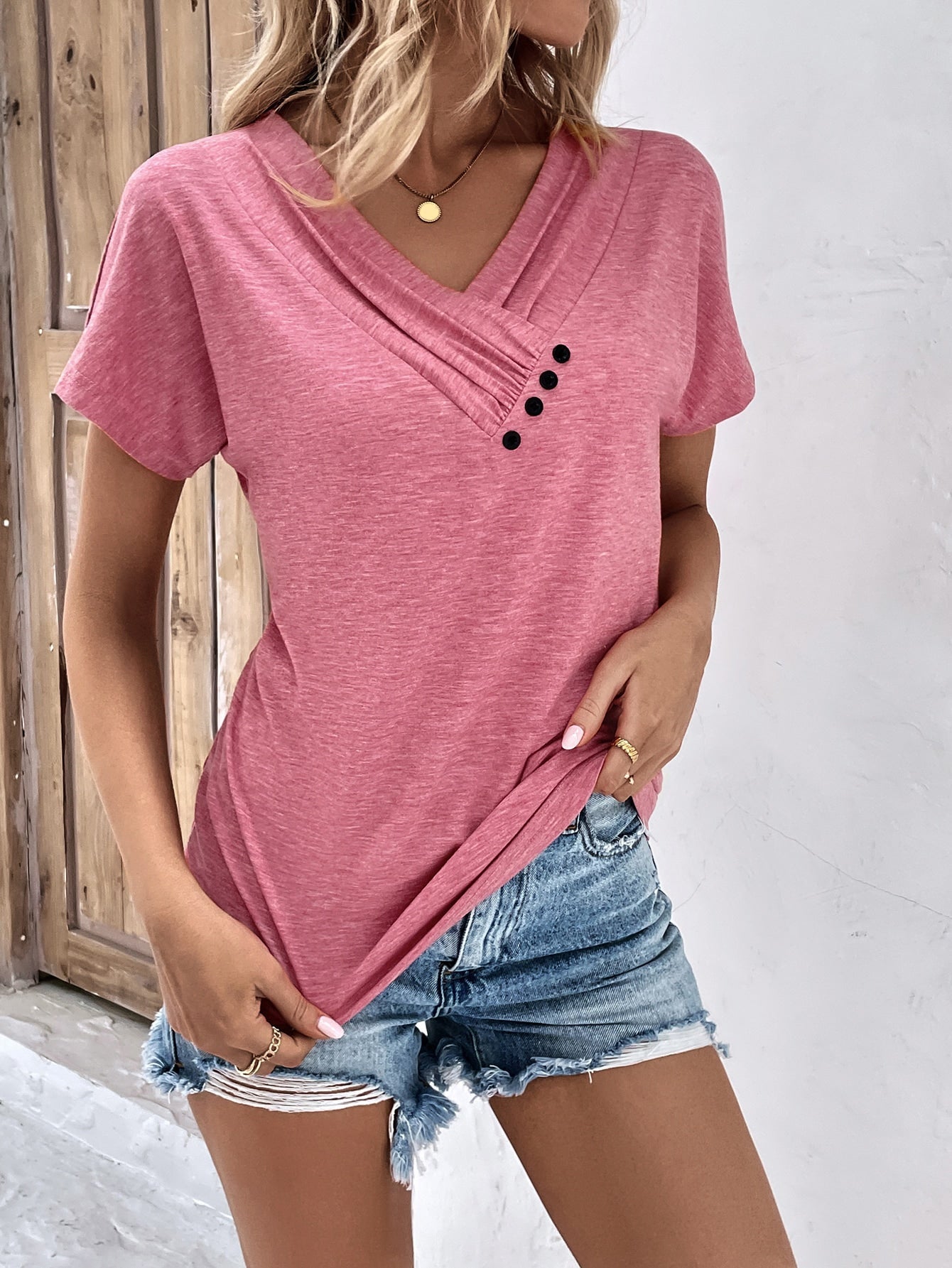 Button Detail V Neck Tee 