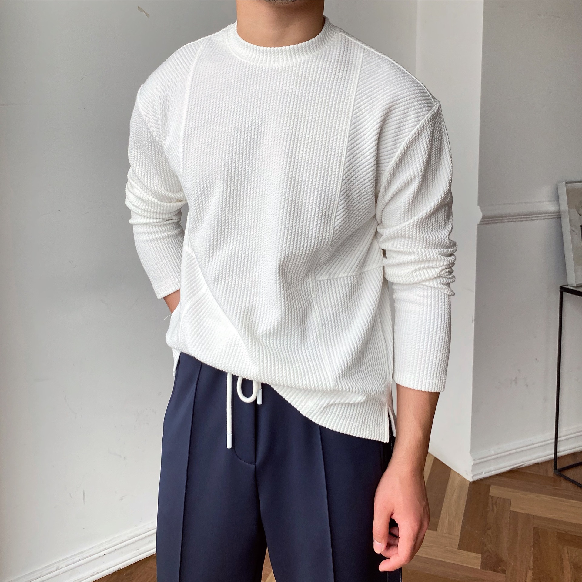 Men's pit strip round collar long sleeve simple casual bottom shirt T-shirt