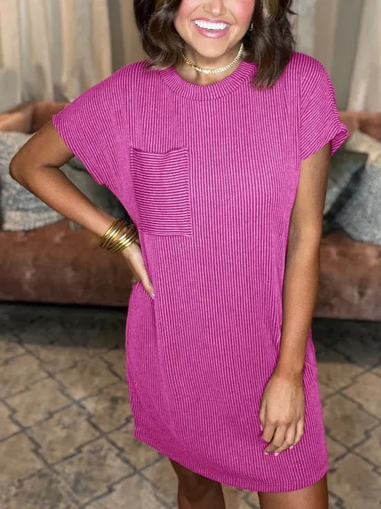2024 New Ribbed Round Neck Pocket Dress 
