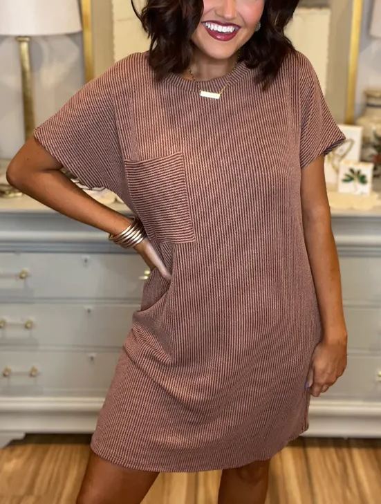 2024 New Ribbed Round Neck Pocket Dress 
