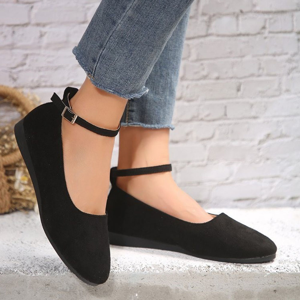 Flache Damen-Schuhe mit runder Zehenpartie und flacher Gürtelschnalle