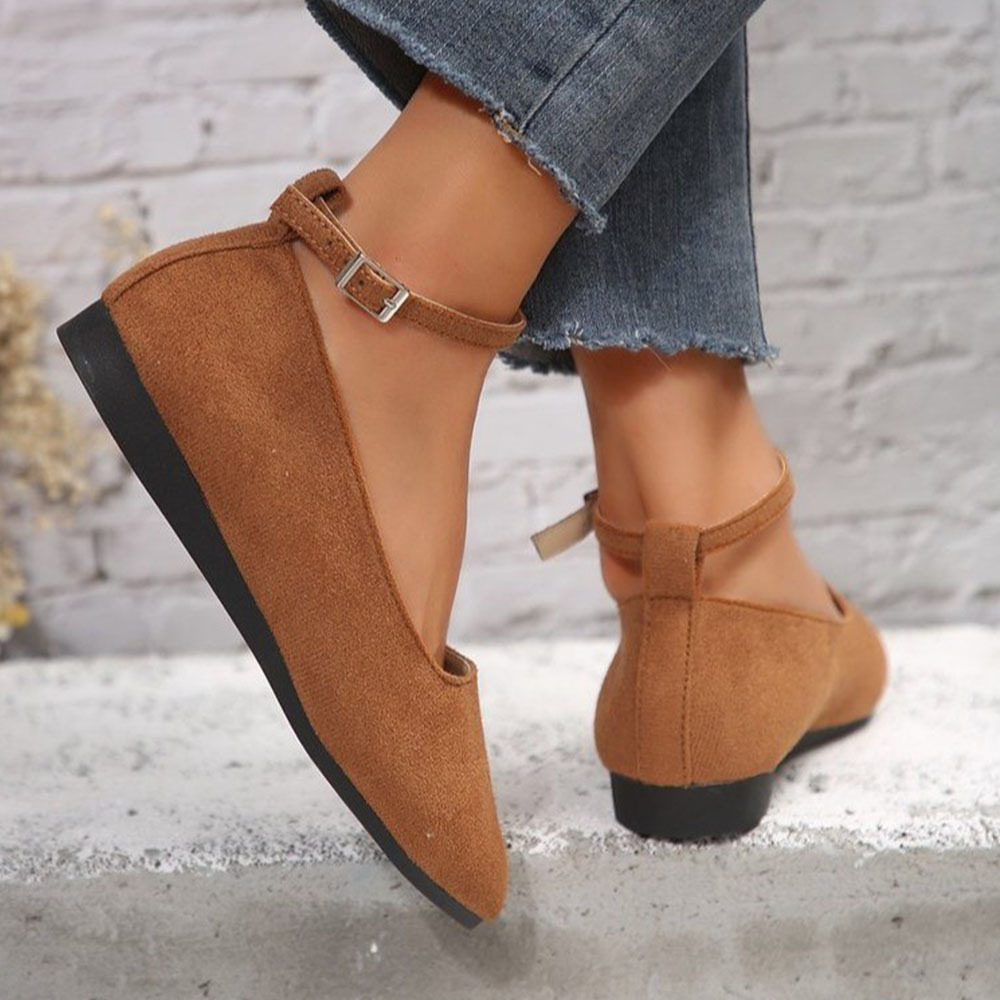 Flache Damen-Schuhe mit runder Zehenpartie und flacher Gürtelschnalle