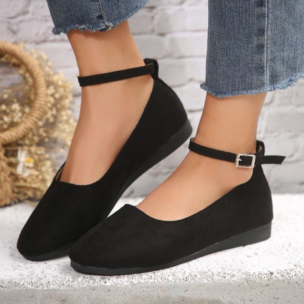 Flache Damen-Schuhe mit runder Zehenpartie und flacher Gürtelschnalle