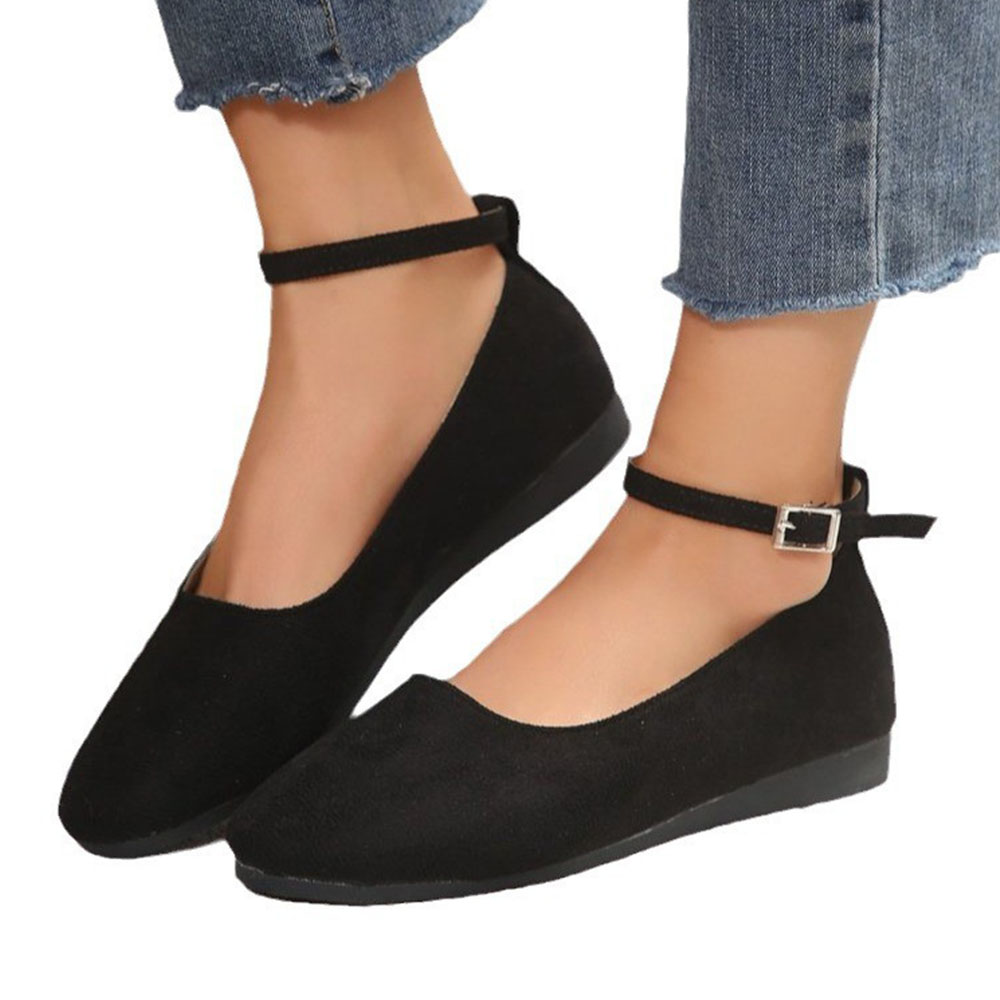 Flache Damen-Schuhe mit runder Zehenpartie und flacher Gürtelschnalle