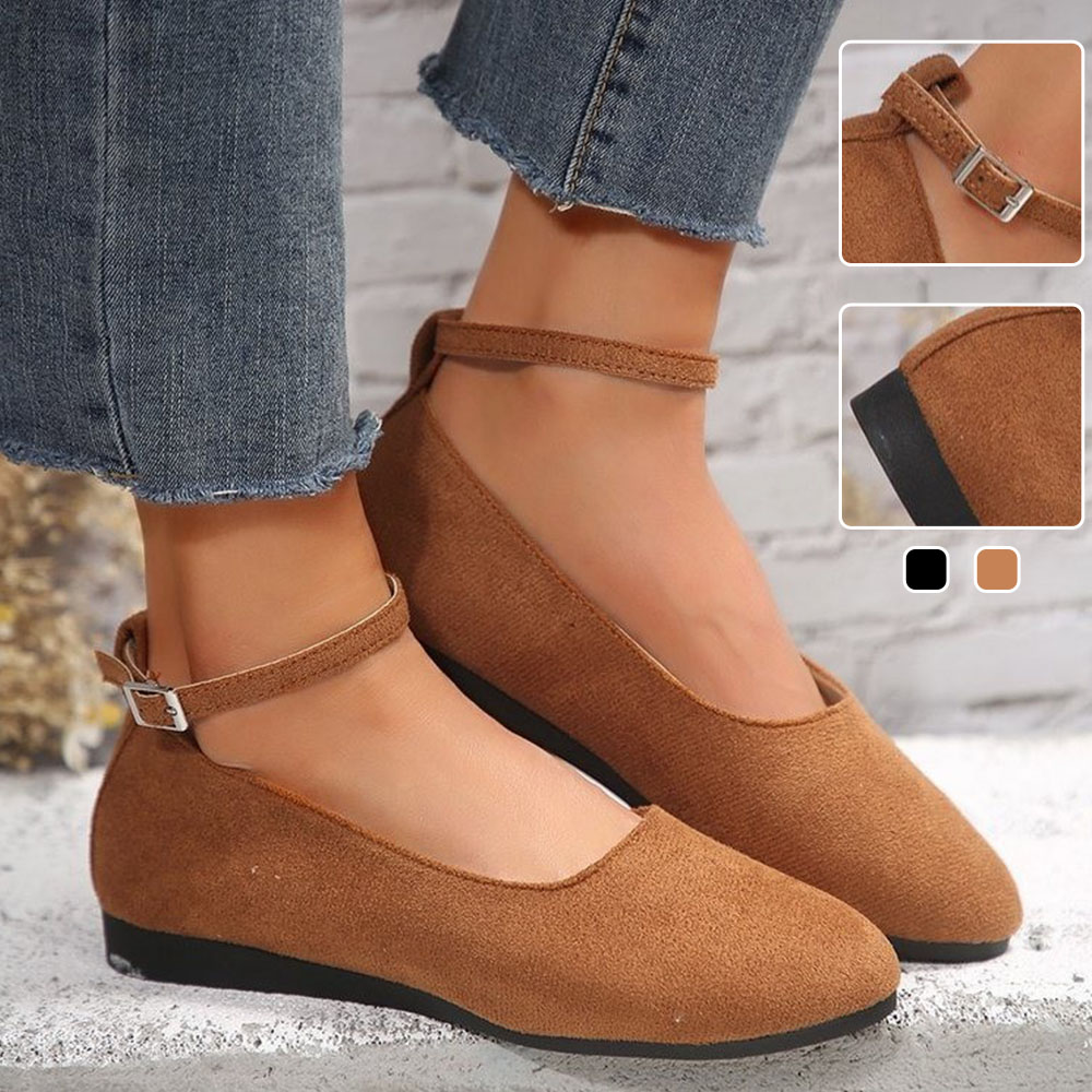 Flache Damen-Schuhe mit runder Zehenpartie und flacher Gürtelschnalle