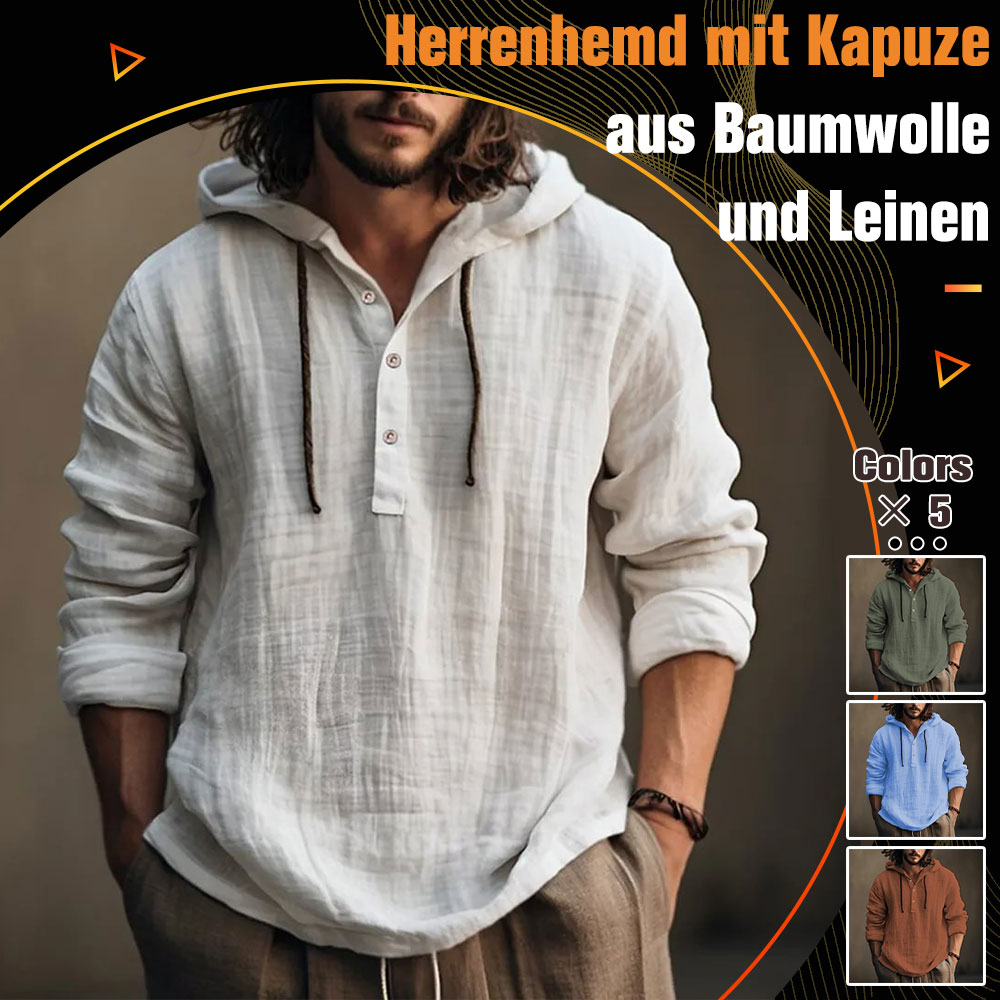 Camicia da uomo a maniche lunghe in cotone e lino con cappuccio