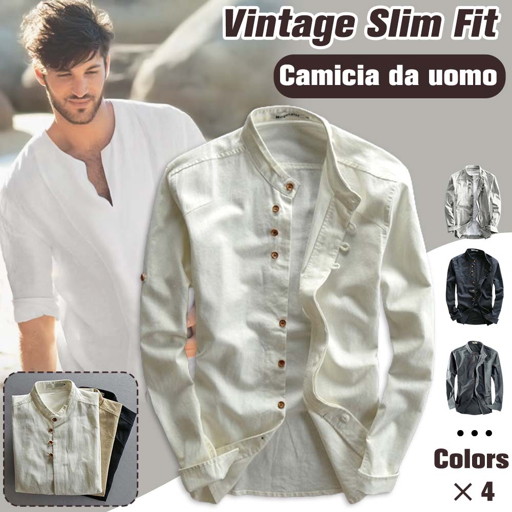 THERLING Herren-Hemd aus Leinen im Vintage-Stil mit Stehkragen