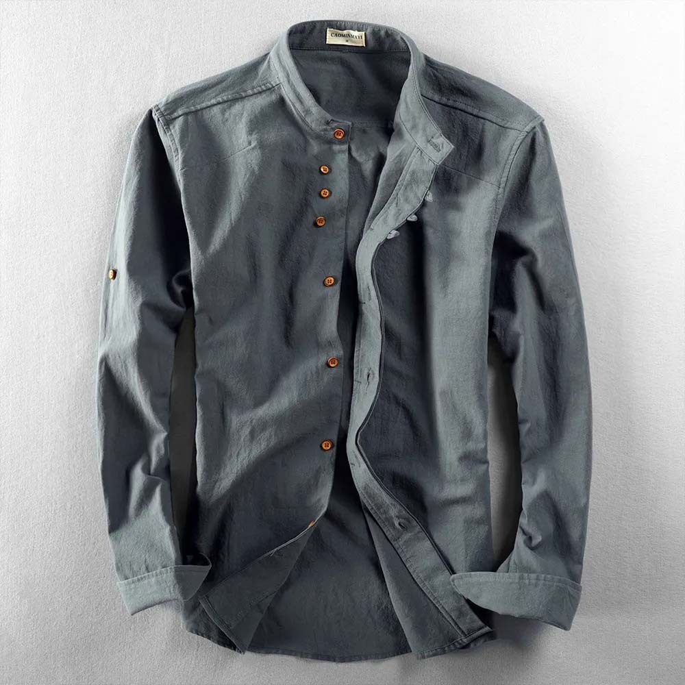 THERLING Herren-Hemd aus Leinen im Vintage-Stil mit Stehkragen