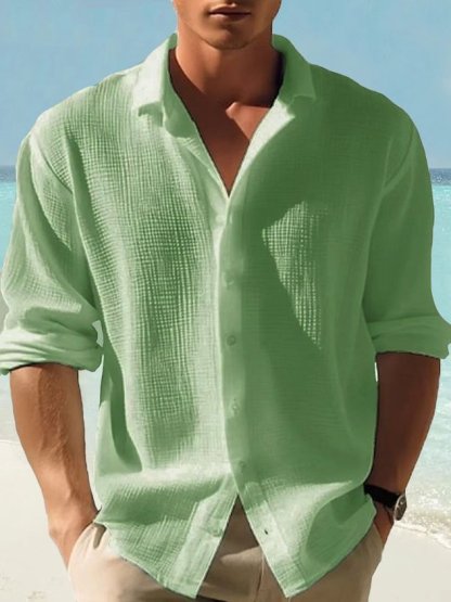 Retro Basics Herren-Langarmhemd aus schnelltrocknendem Seersucker mit Knöpfen