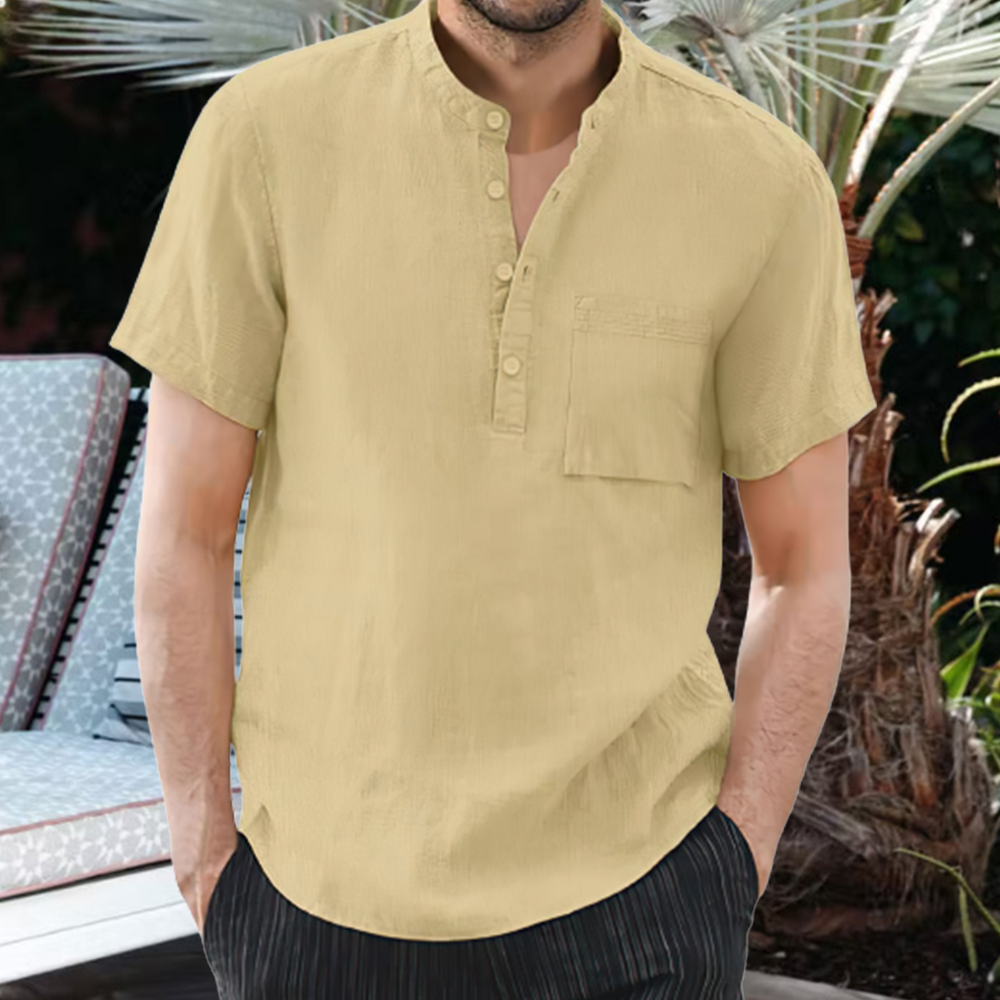 Lässiges, bequemes Herren-T-Shirt aus Baumwollleinen mit Stehkragen und Taschen