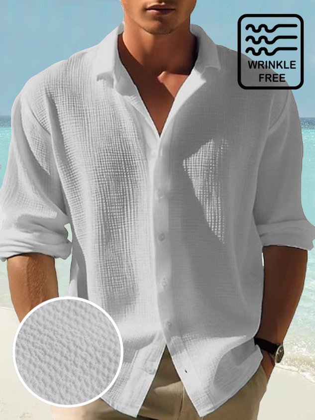 Retro Basics Herren-Langarmhemd aus schnelltrocknendem Seersucker mit Knöpfen