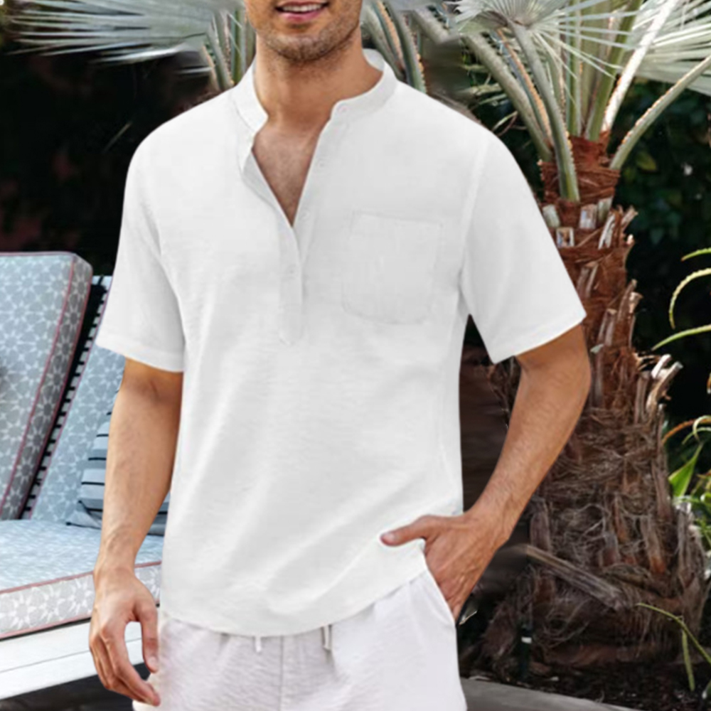 Lässiges, bequemes Herren-T-Shirt aus Baumwollleinen mit Stehkragen und Taschen