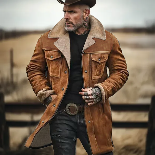 Herren Vintage Wildleder Patchwork Lamm Fleece Multi-Pocket Reverse Kragen Outdoor Jacke Mantel (Kostenloser Versand)
