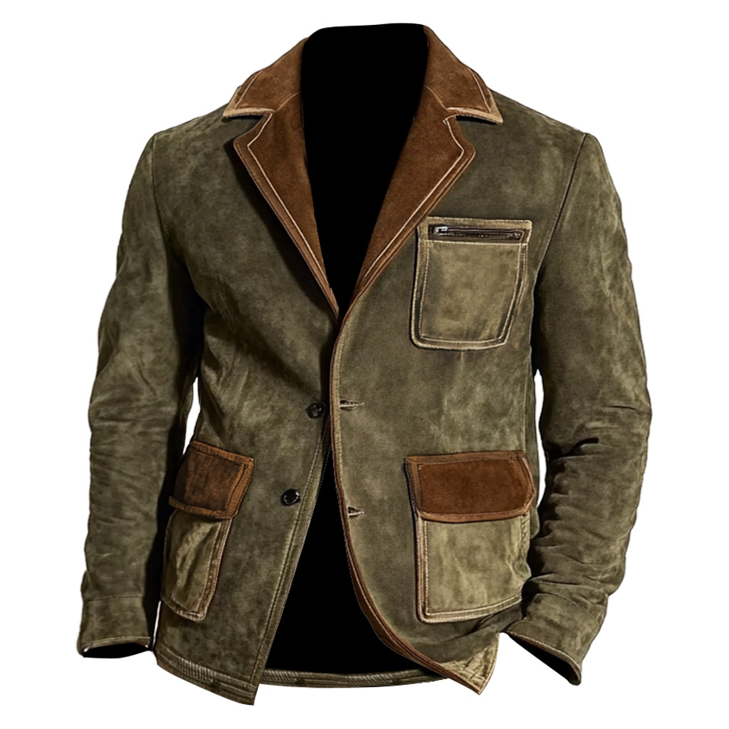Herren-Outdoorjacke aus Wildleder im Vintage-Stil mit mehreren Taschen und Farbblock-Wendekragen