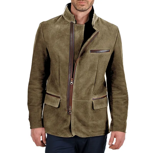 Herren Vintage Stehkragen Wildleder Blazer Seitlicher Reißverschluss Kontrast Leder Gurtband Mittellange Jacke Mäntel