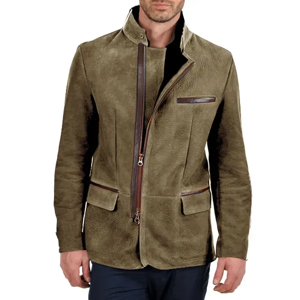 Herren Vintage Stehkragen Wildleder Blazer Seitlicher Reißverschluss Kontrast Leder Gurtband Mittellange Jacke Mäntel