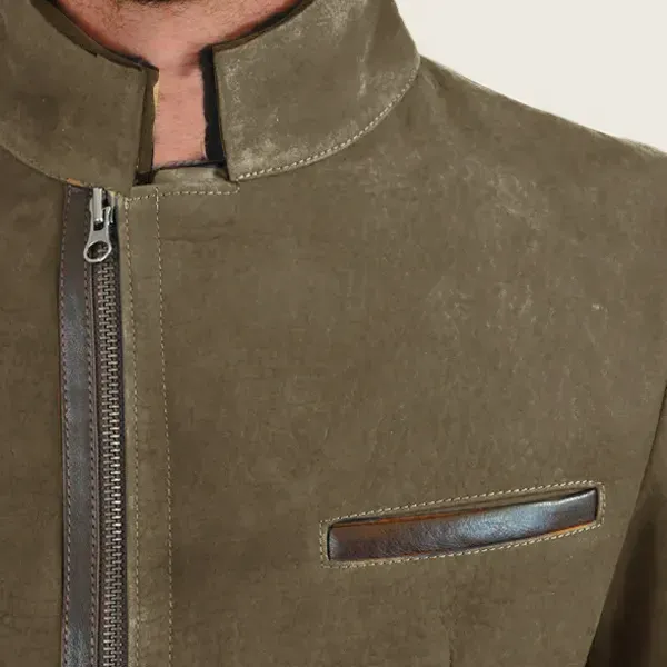 Herren Vintage Stehkragen Wildleder Blazer Seitlicher Reißverschluss Kontrast Leder Gurtband Mittellange Jacke Mäntel
