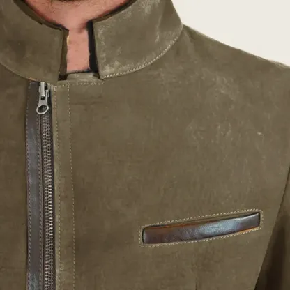Herren Vintage Stehkragen Wildleder Blazer Seitlicher Reißverschluss Kontrast Leder Gurtband Mittellange Jacke Mäntel