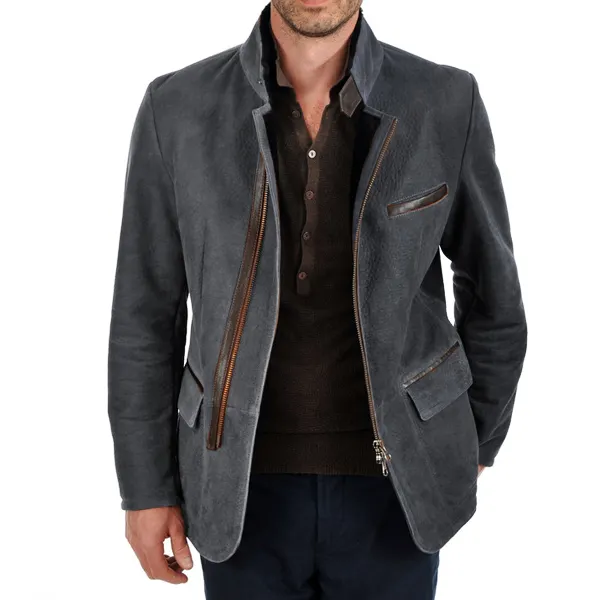Herren Vintage Stehkragen Wildleder Blazer Seitlicher Reißverschluss Kontrast Leder Gurtband Mittellange Jacke Mäntel