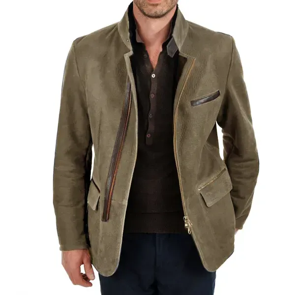Herren Vintage Stehkragen Wildleder Blazer Seitlicher Reißverschluss Kontrast Leder Gurtband Mittellange Jacke Mäntel