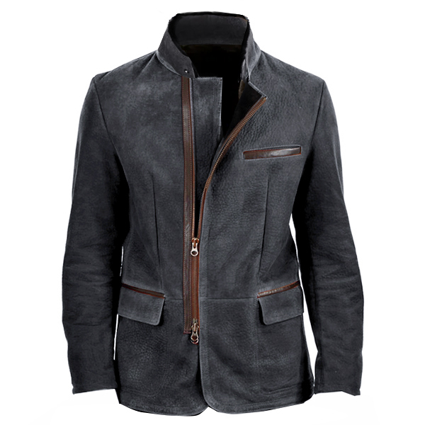 Herren Vintage Stehkragen Wildleder Blazer Seitlicher Reißverschluss Kontrast Leder Gurtband Mittellange Jacke Mäntel