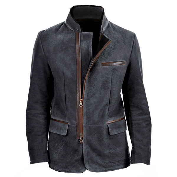 Herren Vintage Stehkragen Wildleder Blazer Seitlicher Reißverschluss K