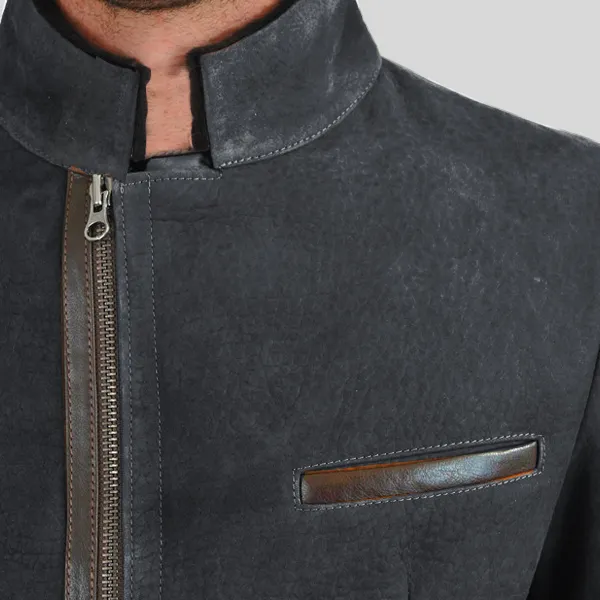 Herren Vintage Stehkragen Wildleder Blazer Seitlicher Reißverschluss Kontrast Leder Gurtband Mittellange Jacke Mäntel
