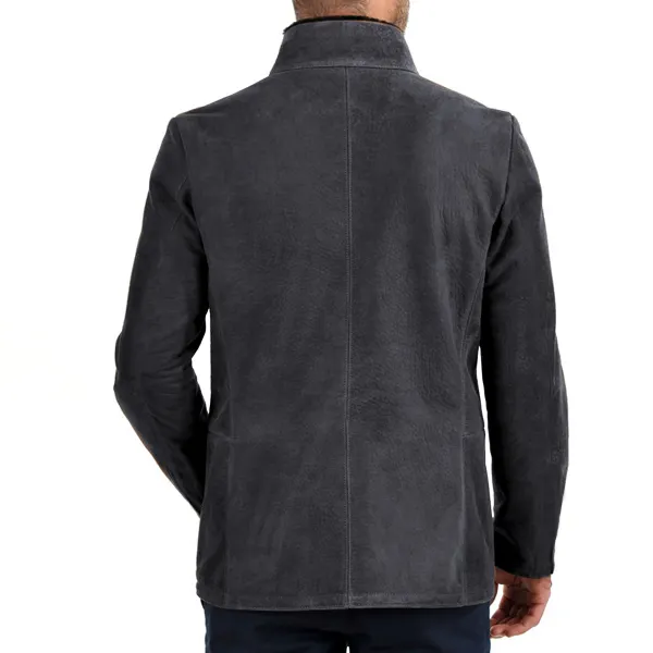 Herren Vintage Stehkragen Wildleder Blazer Seitlicher Reißverschluss Kontrast Leder Gurtband Mittellange Jacke Mäntel