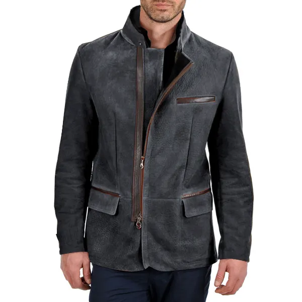Herren Vintage Stehkragen Wildleder Blazer Seitlicher Reißverschluss Kontrast Leder Gurtband Mittellange Jacke Mäntel