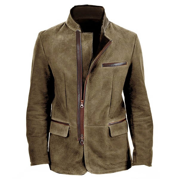 Herren Vintage Stehkragen Wildleder Blazer Seitlicher Reißverschluss Kontrast Leder Gurtband Mittellange Jacke Mäntel