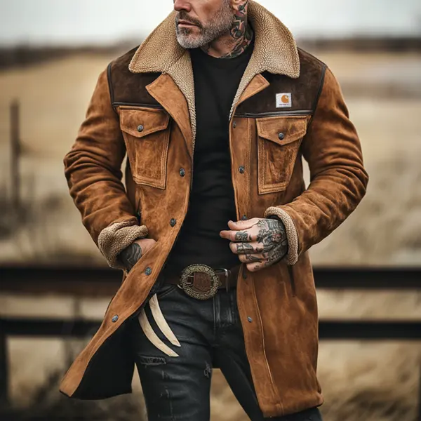 Herren Vintage Wildleder Patchwork Lamm Fleece Multi-Pocket Reverse Kragen Outdoor Jacke Mantel