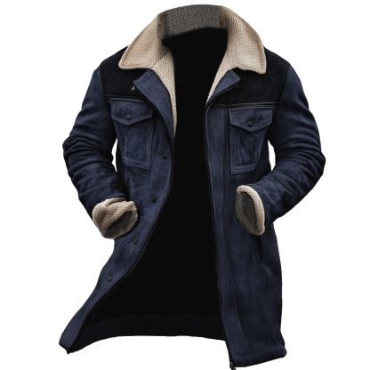 Herren Vintage Wildleder Patchwork Lamm Fleece Multi-Pocket Reverse Kragen Outdoor Jacke Mantel