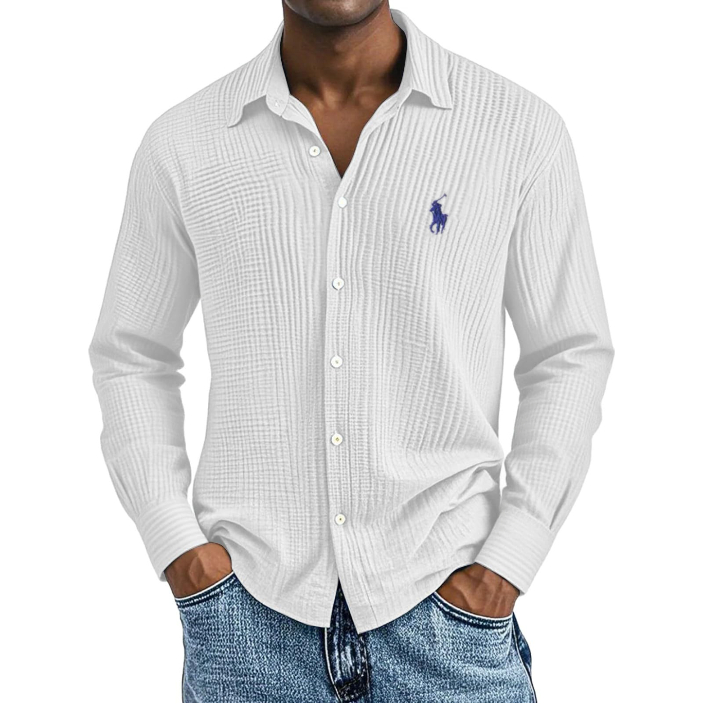 Lässig Locker und Bequem Strukturiert Lange Baumwollhemden für Herren