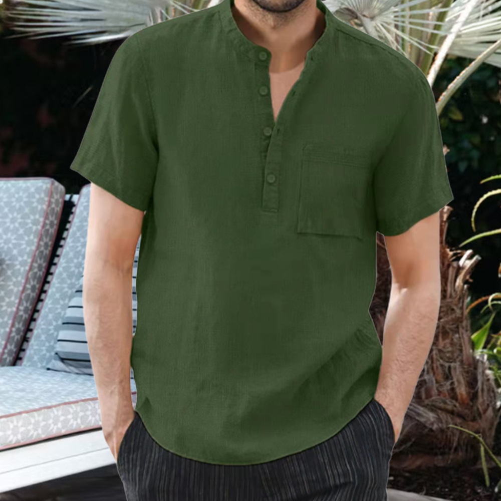 Lässiges, bequemes Herren-T-Shirt aus Baumwollleinen mit Stehkragen und Taschen