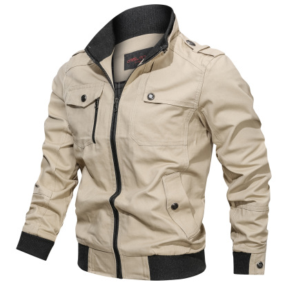 Men's Solid Color Zipper Pocket Stand-Up Jacket Coat