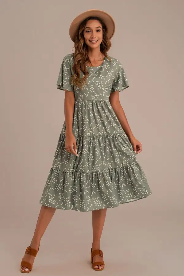 Entspanntes Kurzarm-Blumenkleid mit Rundhalsausschnitt