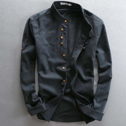 THERLING Herren-Hemd aus Leinen im Vintage-Stil mit Stehkragen