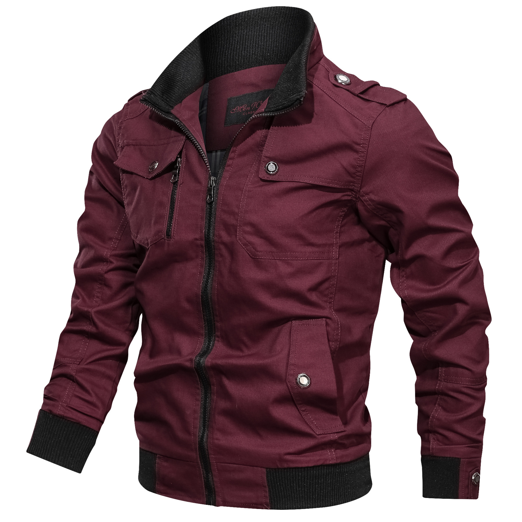 Men's Solid Color Zipper Pocket Stand-Up Jacket Coat