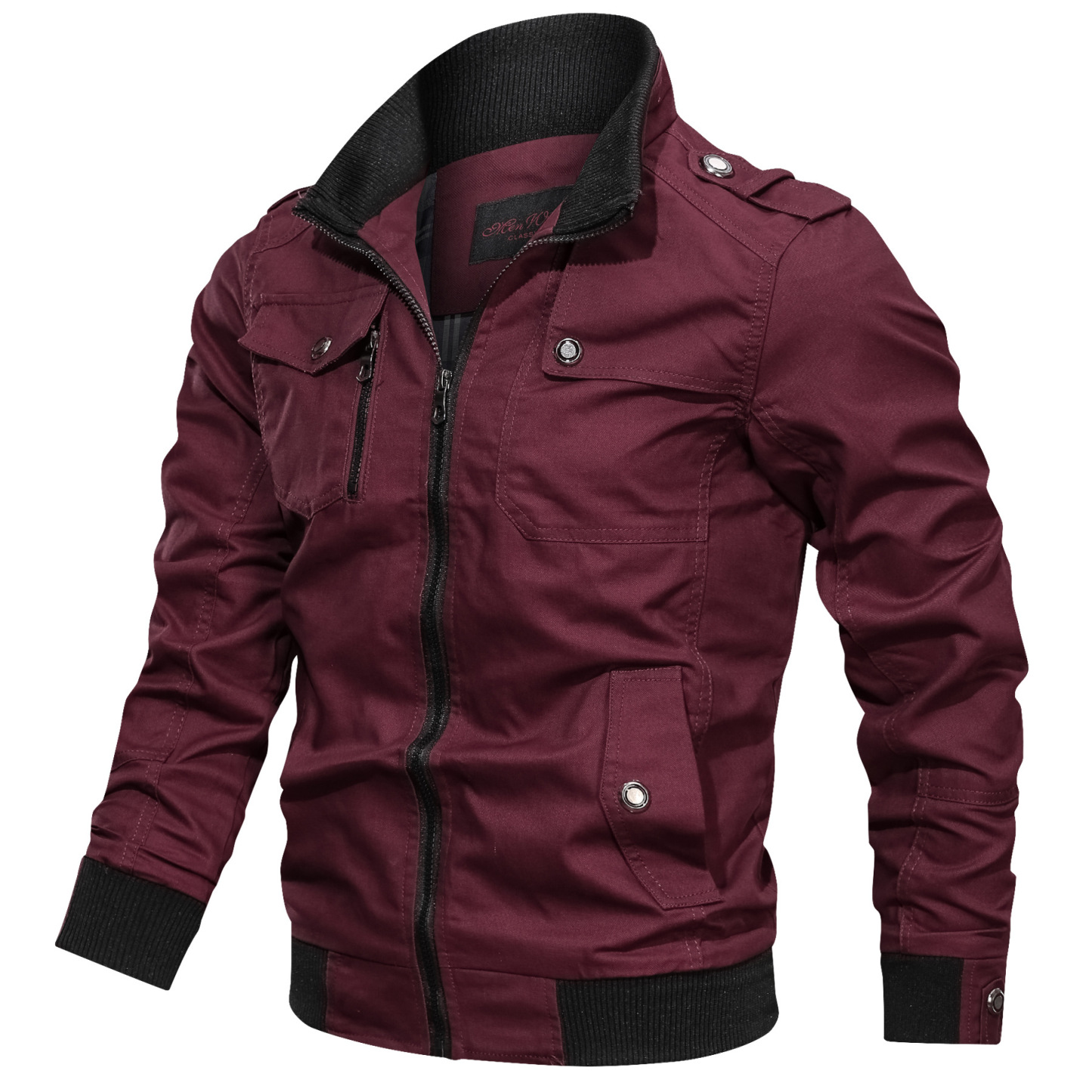Men's Solid Color Zipper Pocket Stand-Up Jacket Coat