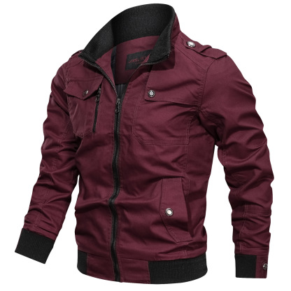 Men's Solid Color Zipper Pocket Stand-Up Jacket Coat