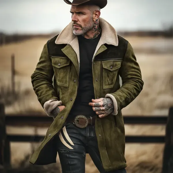 Herren Vintage Wildleder Patchwork Lamm Fleece Multi-Pocket Reverse Kragen Outdoor Jacke Mantel (Kostenloser Versand)