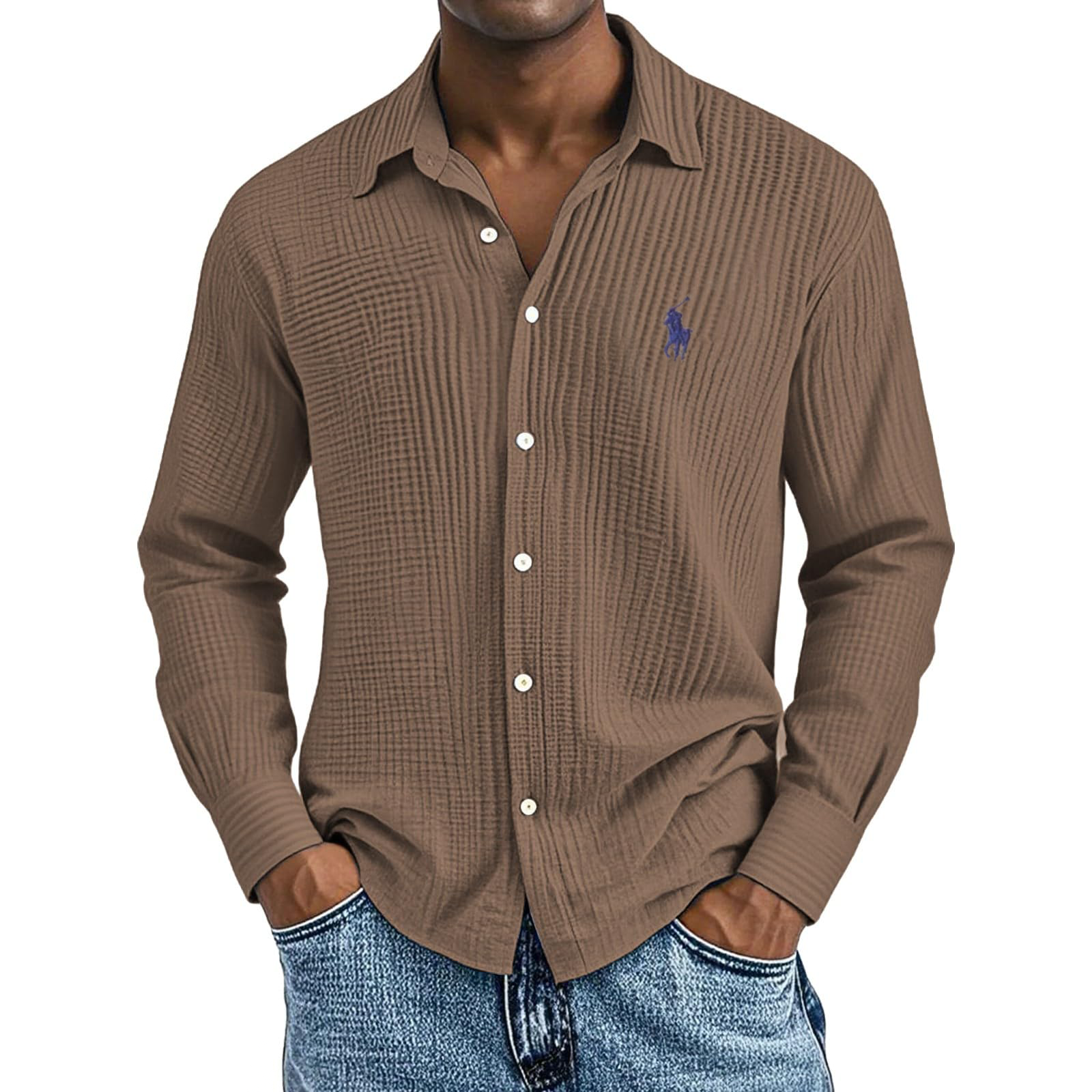 Lässig Locker und Bequem Strukturiert Lange Baumwollhemden für Herren