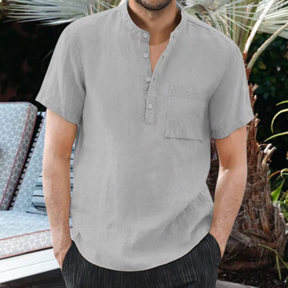 Lässiges, bequemes Herren-T-Shirt aus Baumwollleinen mit Stehkragen und Taschen