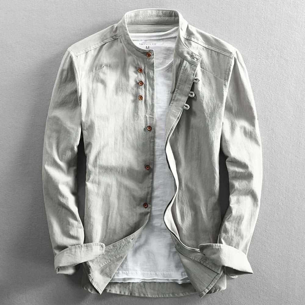 THERLING Herren-Hemd aus Leinen im Vintage-Stil mit Stehkragen