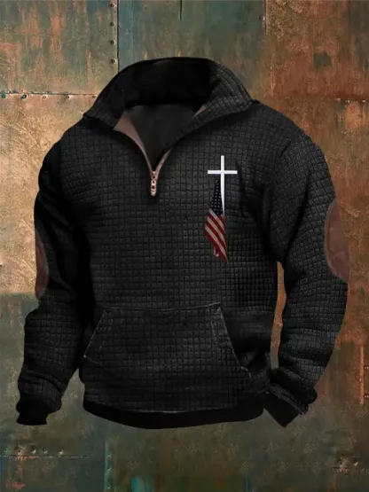 Lässiges Herren-Sweatshirt mit Reißverschluss und Waffel-Glauben-Print