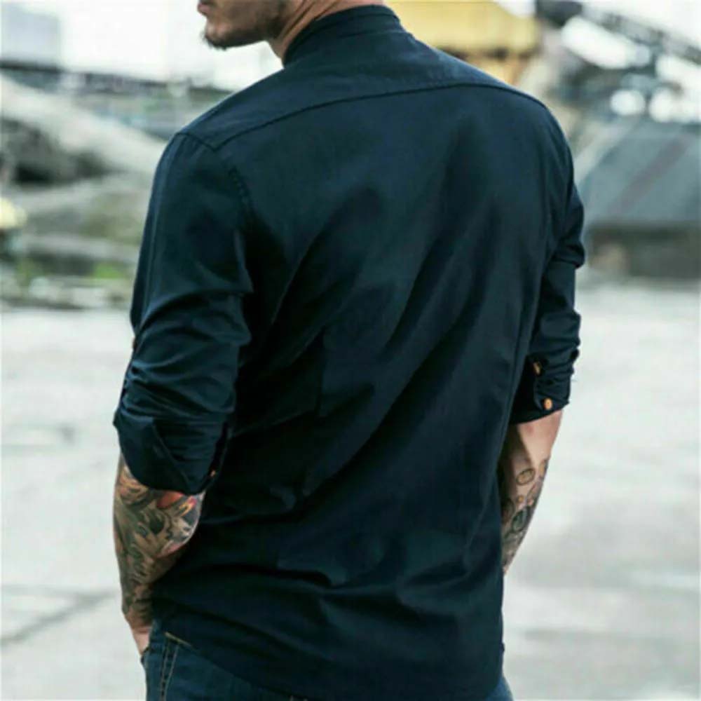 THERLING Herren-Hemd aus Leinen im Vintage-Stil mit Stehkragen