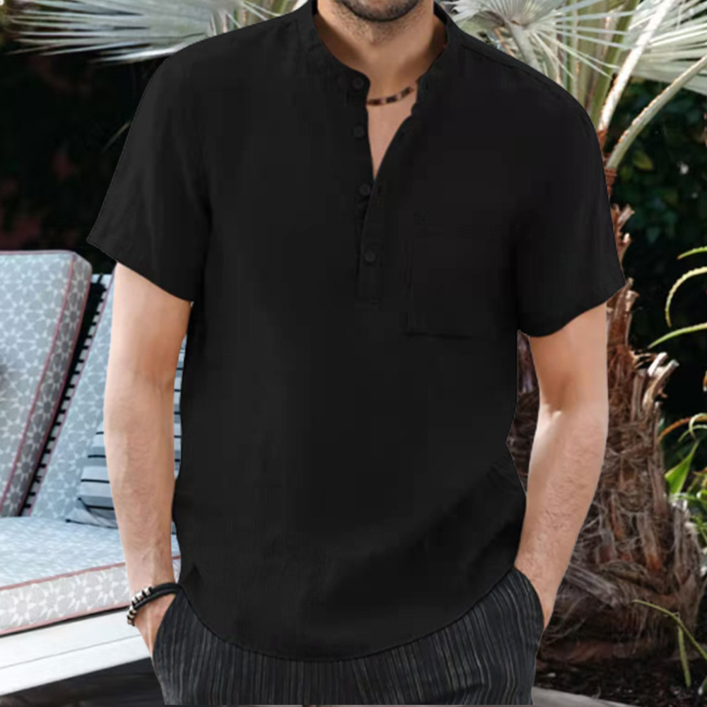 Lässiges, bequemes Herren-T-Shirt aus Baumwollleinen mit Stehkragen und Taschen