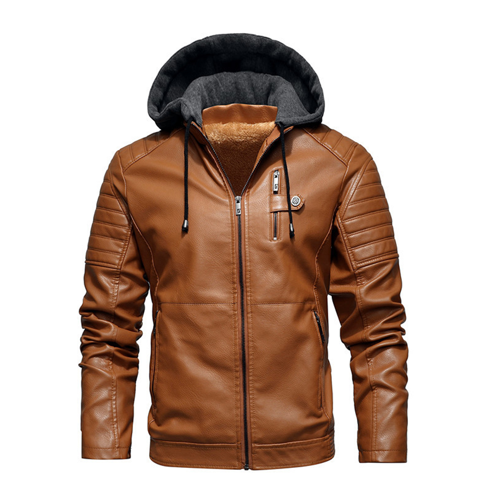  Neue samtwarme Lederjacke mit Kapuze für Herren im Herbst und Winter