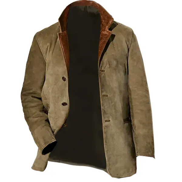 ⭐Frohes Neues Jahr 2024-Herrenjacke, Vintage-Fleece-Wildlederjacken, Herbst-Winter, Outdoor, Alltag, Blazer, doppellagig, Revers, Fell, Lederkragen, mittellange Jacken