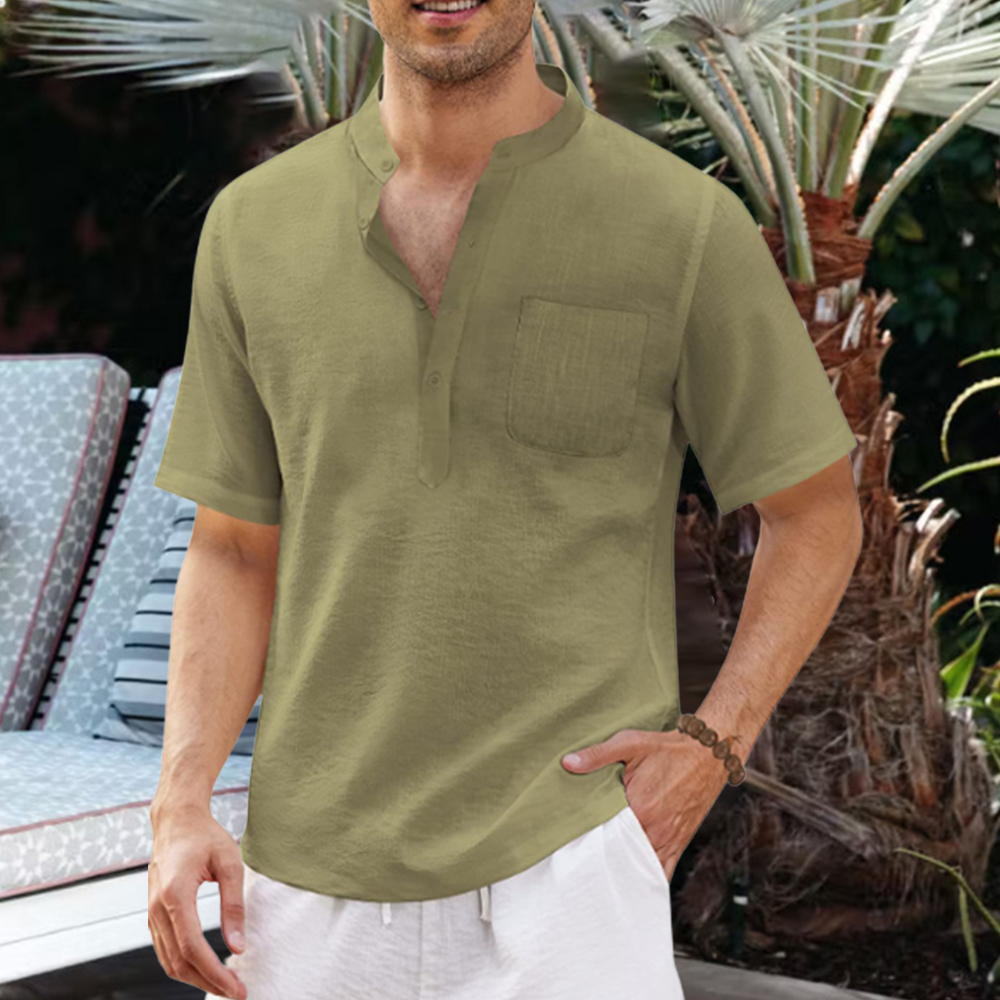 Lässiges, bequemes Herren-T-Shirt aus Baumwollleinen mit Stehkragen und Taschen